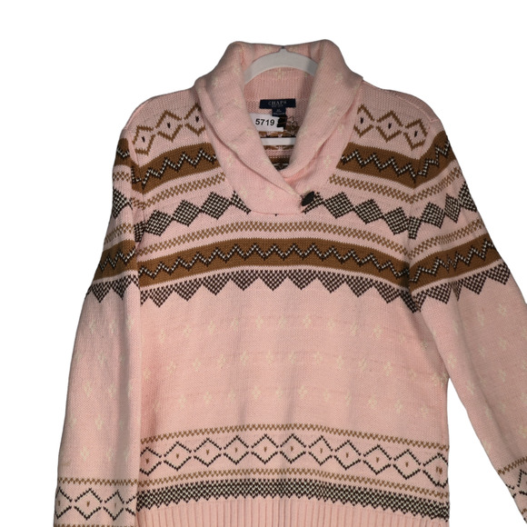 Chaps Sweater Women Size XL Pink Tribal Fair Isle Shawl Collar Heavyweight Boho - Picture 2 of 10